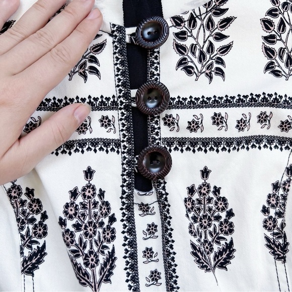 Anthropologie • Woodblock Midi Dress cream brown floral print stretch twill - Picture 6 of 13